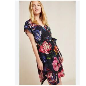 Anthropologie Black Wrap Sundress V-Neck Flutter Sleeves SMALL